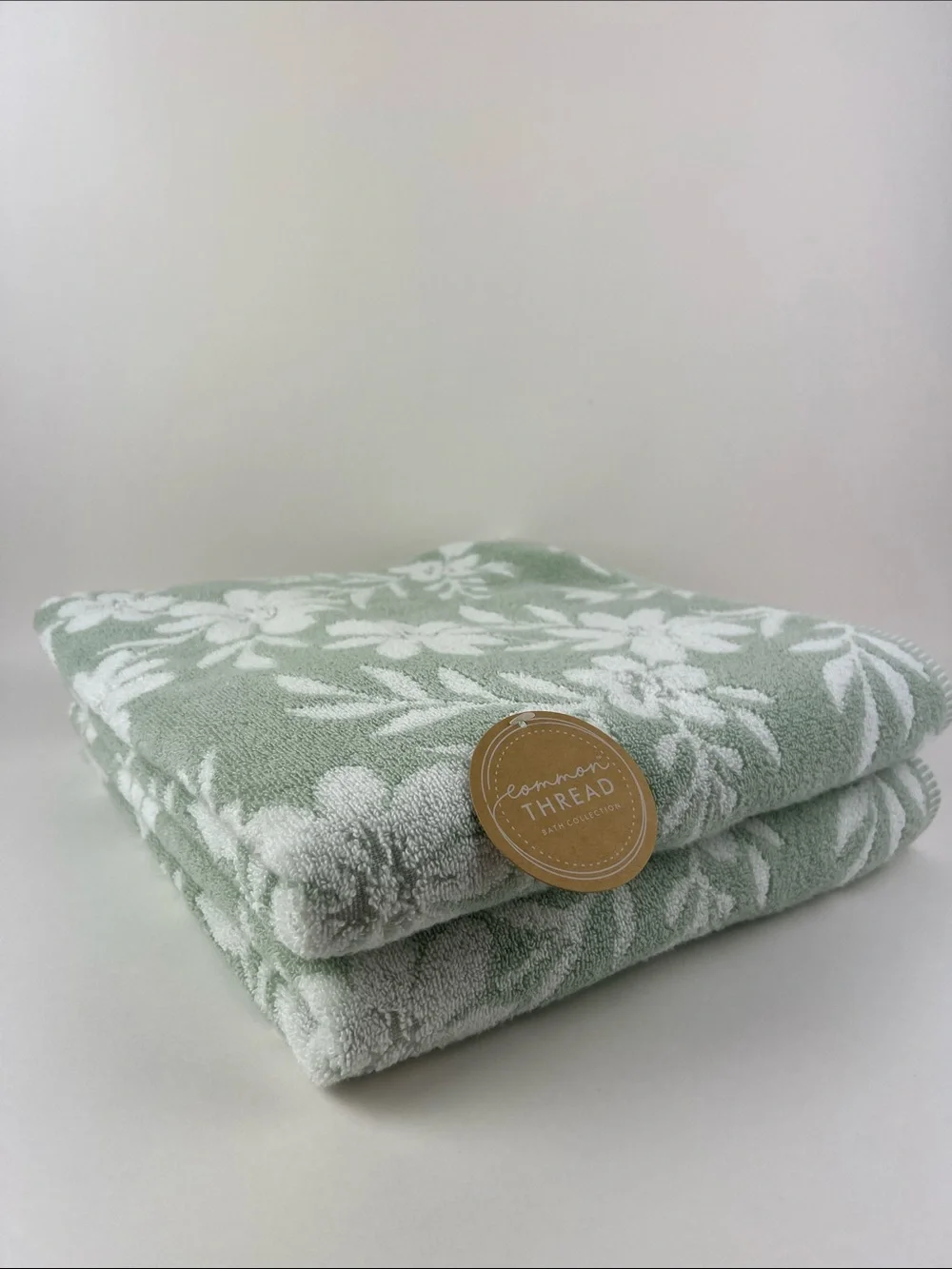 Common Thread Bath Towel Set Sage Green White Floral Soft Cotton 2 Pc NEW